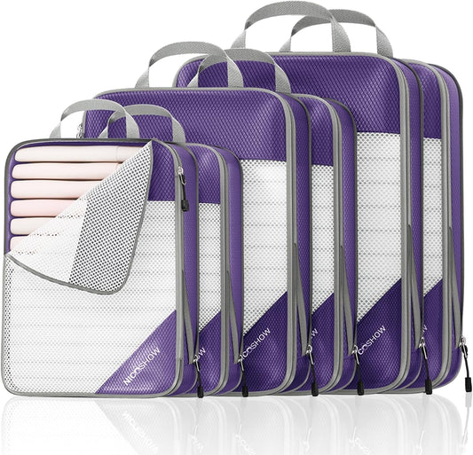 Compression Packing Cubes 6 Set, Compressible Space-Saving Packing Cubes for Travel - Compression Bags, Luggage Organizer, Travel Essentials for Women, Purple