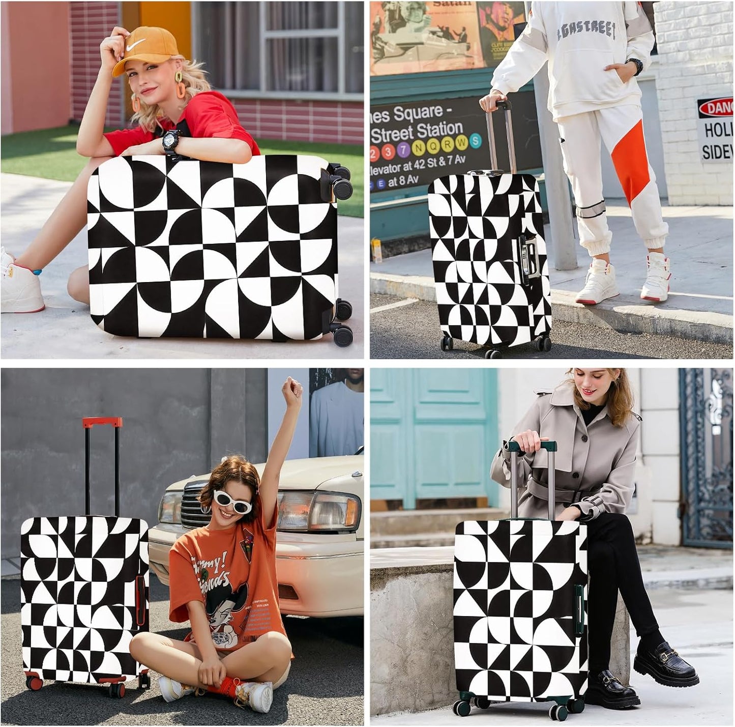 ANNA QUEEN Geometric Minimalist Luggage Cover, Suitcase Protector with Modern Abstract Pattern, Stretchable, Washable Travel Cover for 20-22 Inch Luggage