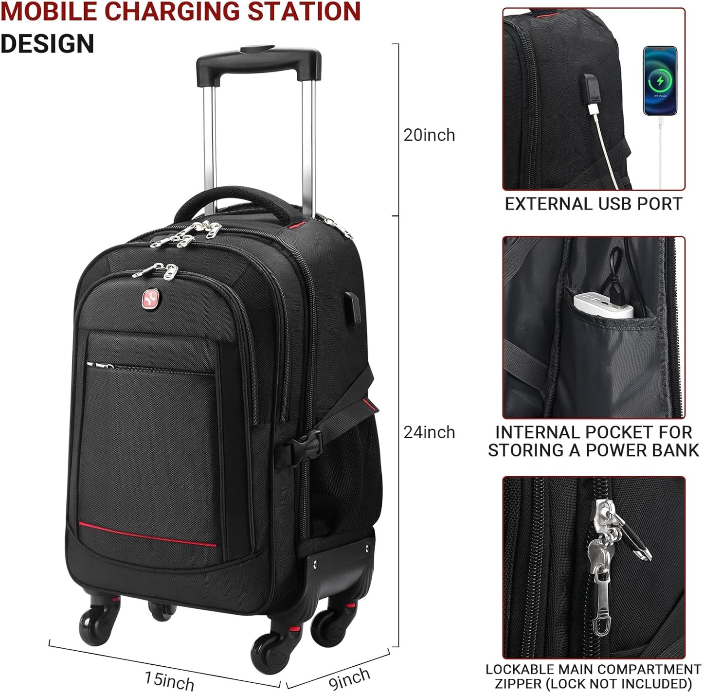 StarCloud 4-Wheel Checked Rolling Backpack 55L (24x15x9in): Extra-Large Roller Travel Laptop Backpack for Business, Water-Resistant Luggage, Backpack with Wheels for Travel and Commuting