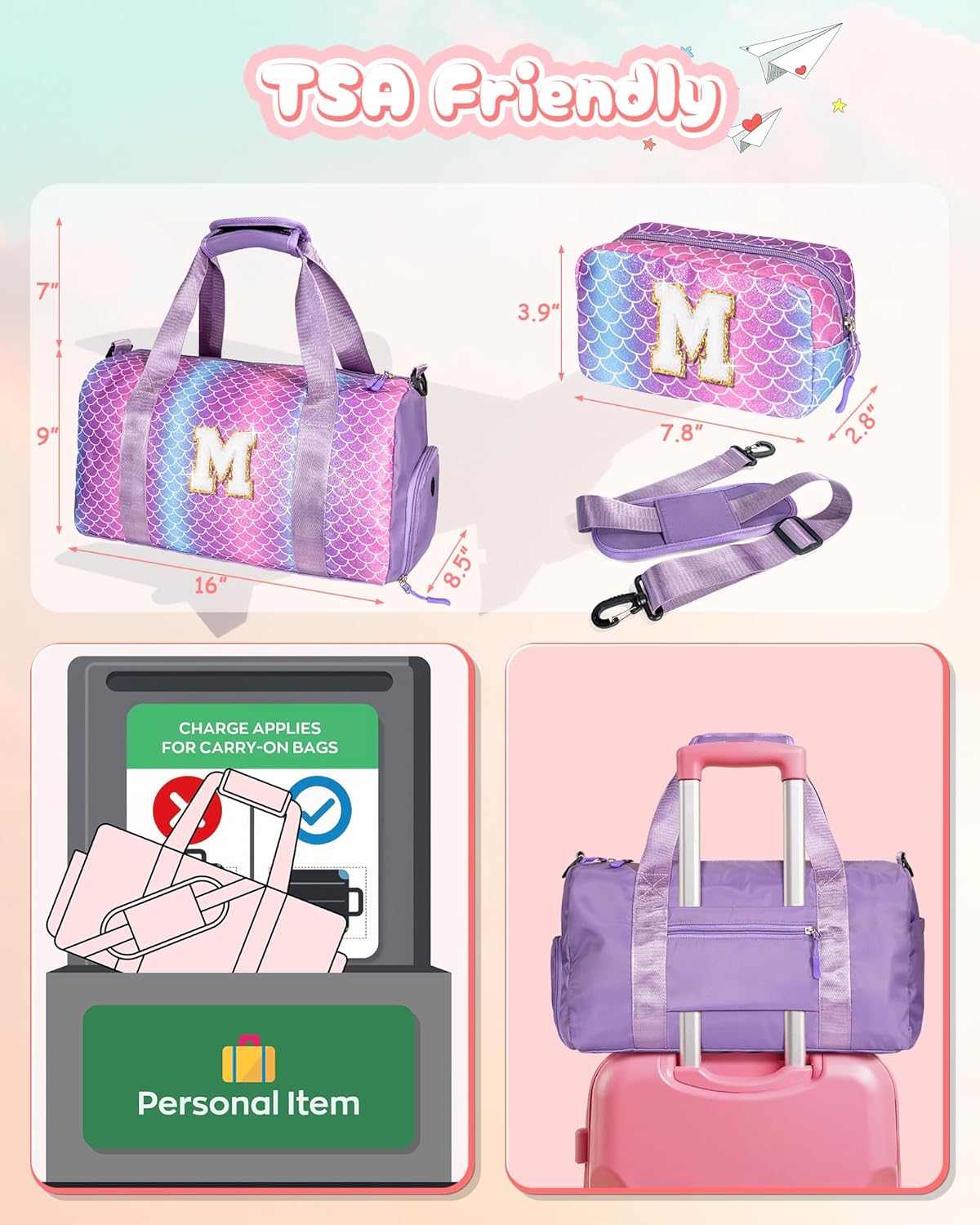Gifts for 3 4 5 6 7 8 9 10 Year Old Girls-Girl Gym Bag with Shoe Compartment, Kid Personalized Weekender Overnight Bags, Initial Travel Tote with Makeup Pouch, Gift Ideas for Kids (Letter M)