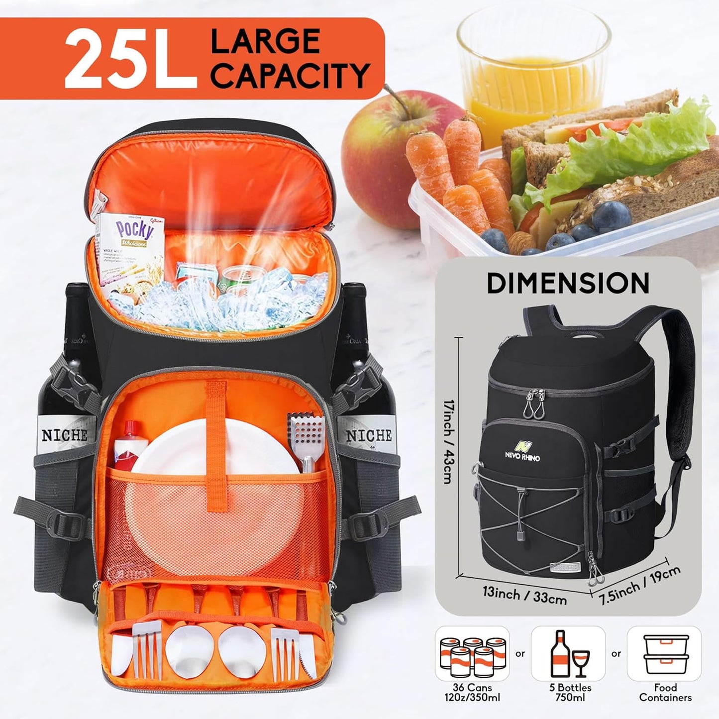 N NEVO RHINO Backpack Coolers Insulated Leak Proof 36/54 Cans,Portable Lightweight Waterproof Insulated Cooler Backpack for Men & Women Ideal for Camping,Travel,Beach,Picnics,Lunch & Day Trips