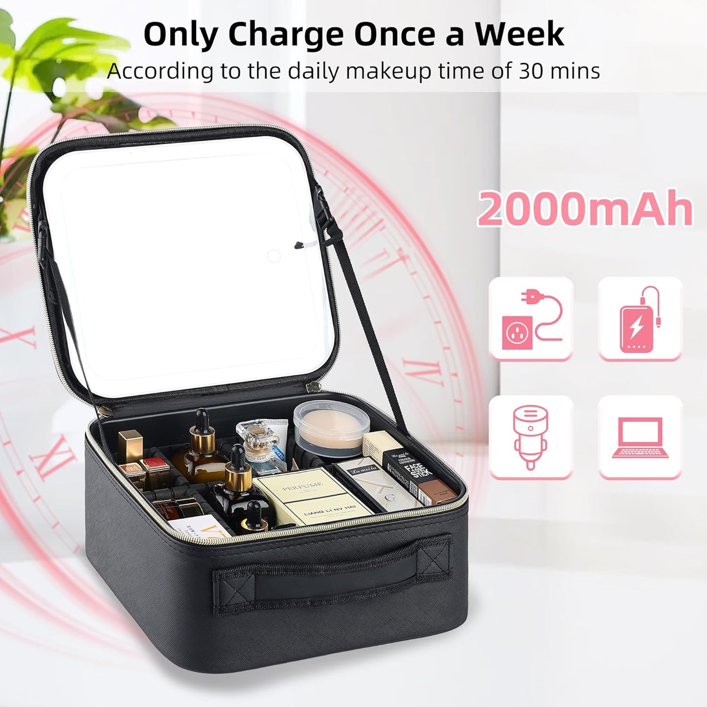 Travel Makeup Bag with LED Mirror – Waterproof Cosmetic Train Case with Adjustable Dividers, Portable Makeup Organizer and Toiletry Bag for Women, Teens & Girls Gift, Black