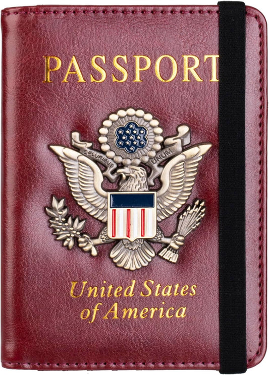 TOURSUIT RFID Blocking Passport Holder for Women Men, Leather Passport Travel Wallet with Metal 3D Metal Badge, Travel Document Holder Cover Accessories (Rose Red)