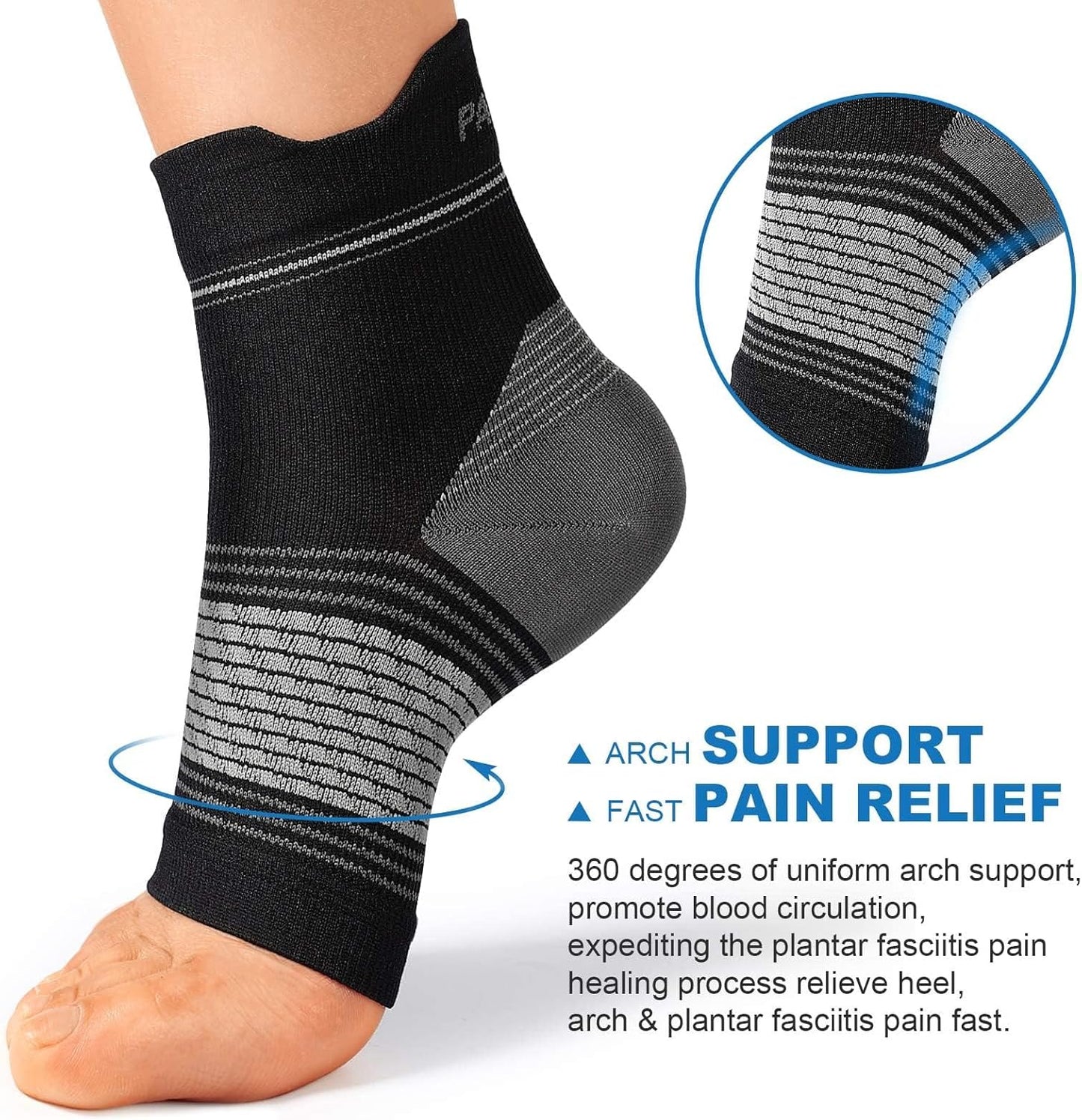 Plantar Fasciitis Sock (6 Pairs) for Men and Women, Compression Foot Sleeves with Arch and Ankle Support (Black, Gray, White, Small)