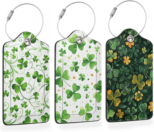 St. Patrick’s Day 3 PCS Luggage Tags, Lucky Clovers Leather Suitcase Tags with Privacy Cover Name Address Labels and Durable Steel Loop for Men/Women Travel Bag Suitcases