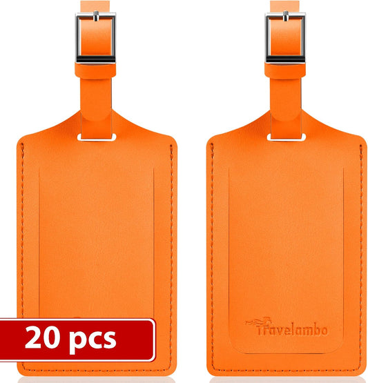 Travelambo Luggage Tags for Suitcases Faux Leather Privacy Protection 20 Pack Bag Tags Travel Accessories Essential, Hot Orange