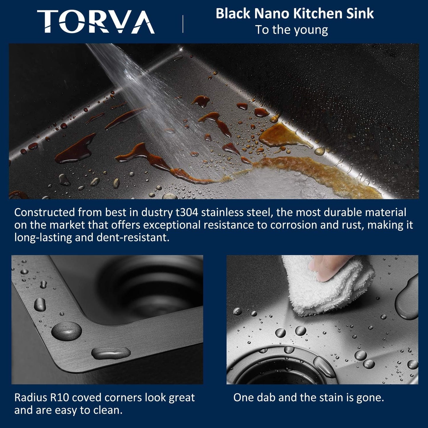 TORVA 15 x 17 Inch Gloss Black Ceramic Coating with NanoTek Undermount Kitchen Sink, PVD Coated Gunmetal Sink16 Gauge Stainless Steel Wet Bar or Prep Sinks Single Bowl, Fits 18" Cabinet,Dark Gray