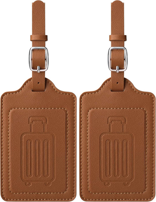 Teskyer Luggage Tags for Suitcases, TSA Approved with Privacy Protection Cover, Premium Faux Leather Bag Tags for Travel - 2 Pack, Brown