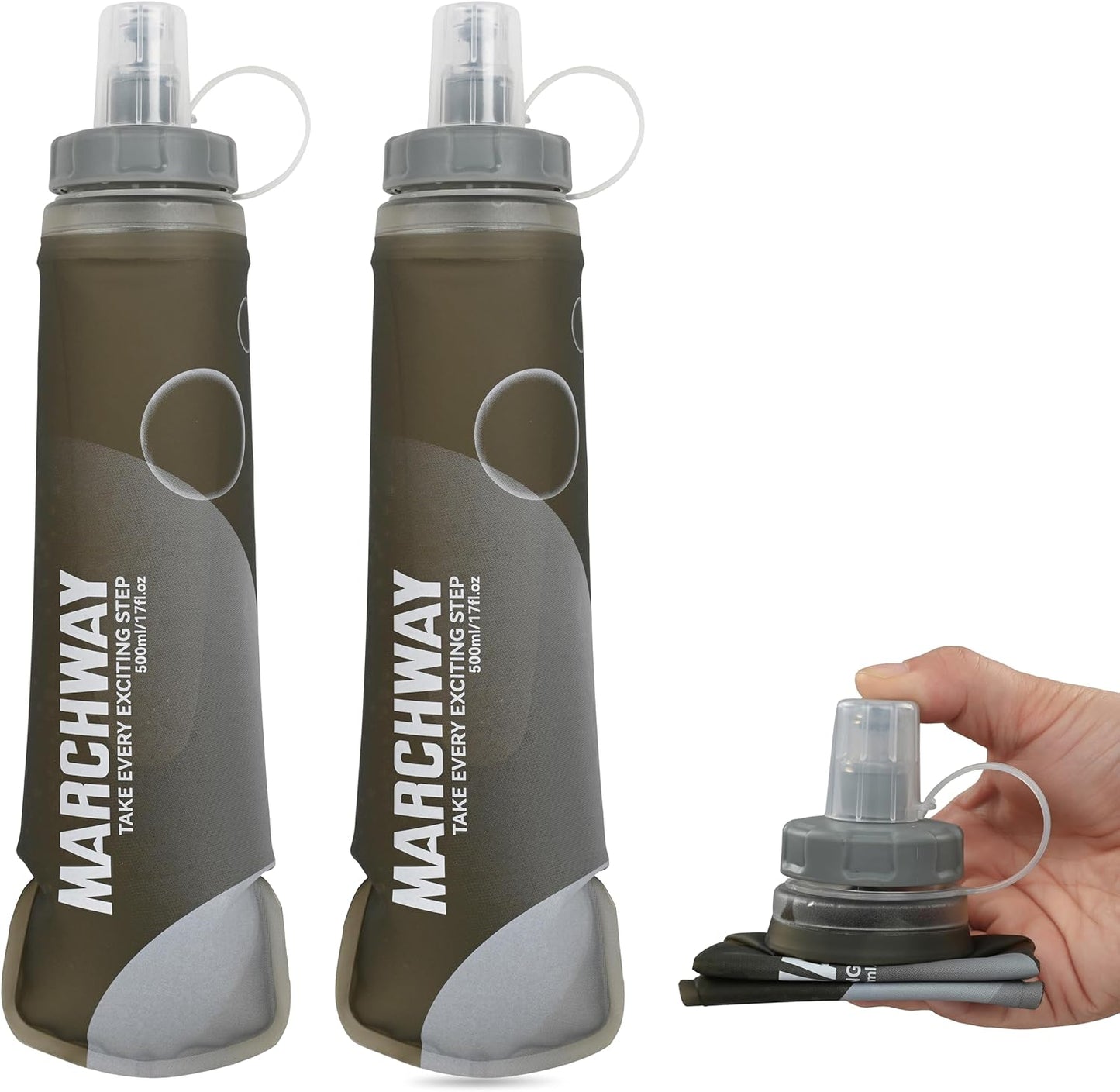 MARCHWAY Soft Hydration Flask with Wide Mouth, 300ml/500ml Collapsible TPU Water Bottle, Leakproof Portable Flexible for Running, Hiking, Cycling, Climbing, Gym, Travel (2pcs Grey 300ml)