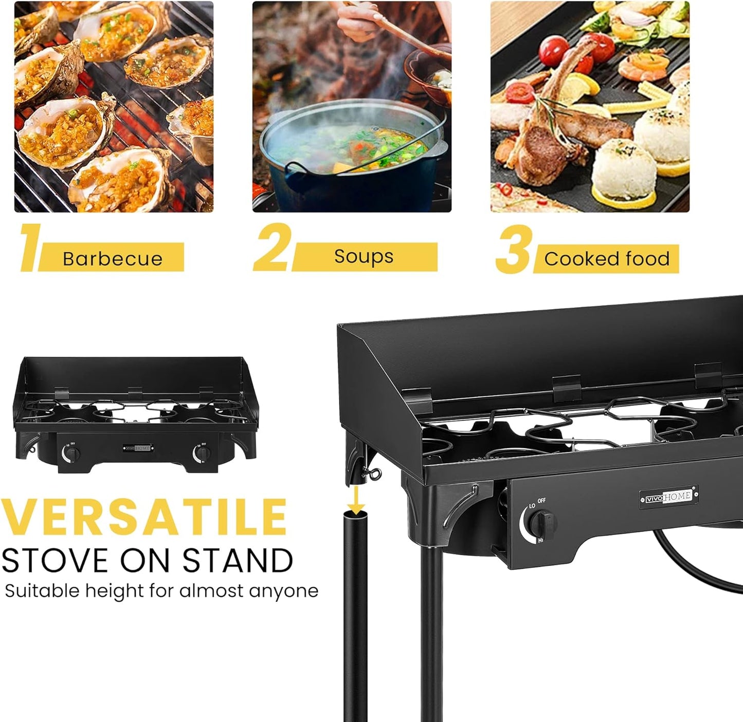 VIVOHOME 150,000 BTU Double Burner Propane Stove, Heavy-Duty Outdoor Portable Camp Stove with Windscreen & Detachable Legs for Camping, Backyard, BBQ Cookouts