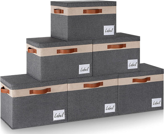 GhvyenntteS Large Storage Bins with Lids 6 Pack, Large Closet Storage Bin with Lid and 3 PU Handles, Foldable Fabric Storage Boxes with Label Window for Home Office (Beige, 15" x 11" x 9.7")