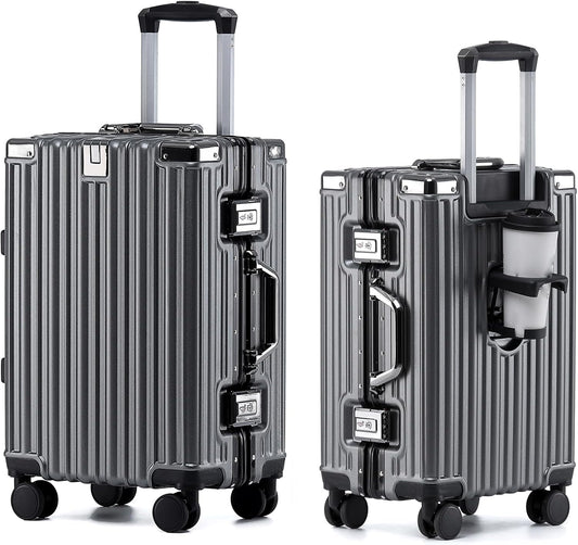 HotWay 24 Inch Aluminum Frame Luggage with Spinner Wheels, PC Hard Shell Suitcase with Cup Holder, Zipperless Luggage for Business Travel, Gray