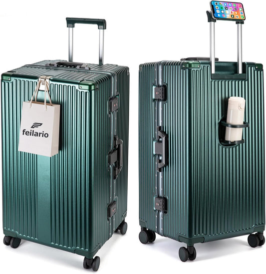 feilario 30in Super Large Captain Aluminum Frame Hardside Spinner Wheels Luggage, Removable Wheels Zipperless Checked Suitcase with Cup Holder/Phone Holder