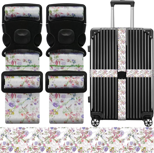 Luggage Straps for Suitcases, Travel Adjustable Belt with Quick Release Buckle, Heavy Duty Nylon Bag Packing Strap, Unique Bright Identifiers Business Travel Accessories (2 Pack) - Purple Flowers