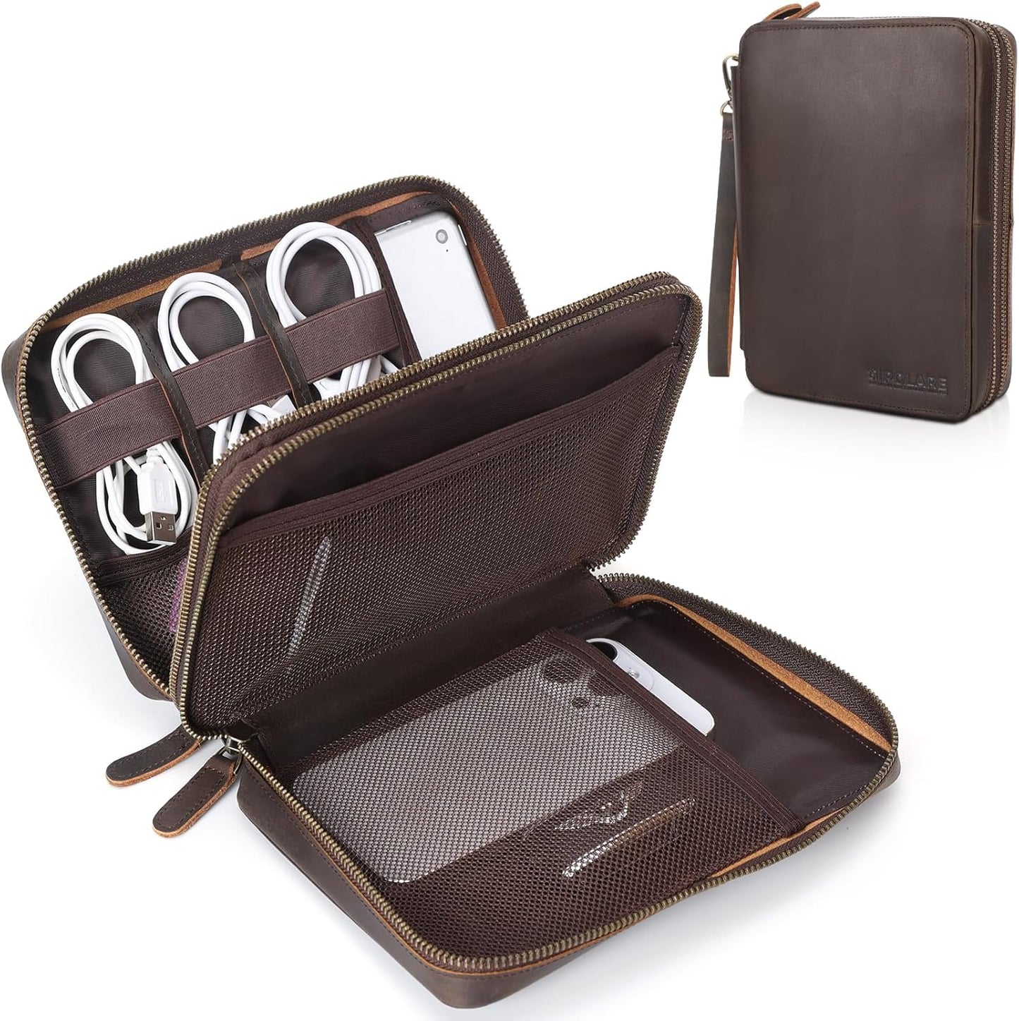 Polare Full Grain Leather Travel Cable Organizer Case Double Layer Electronics Accessories Carry Bag with YKK Zippers Tech Storage Bag for Cables, Power Bank, USB, SD Card