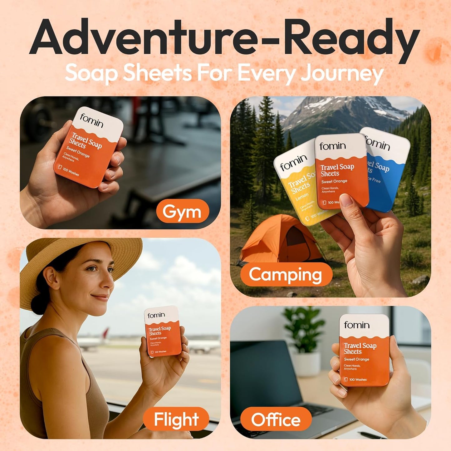 FOMIN - Antibacterial Paper Soap Sheets Tin for Traveling - (100 Sheets) Orange Portable Travel Hand Soap Sheet, Dissolvable Mini Camping Hand Soap for Hand Washing