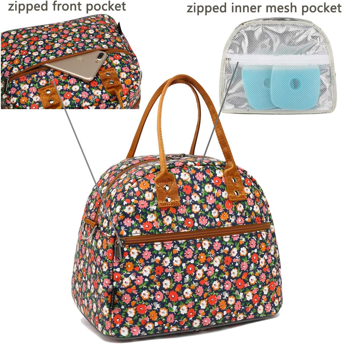 FlowFly Insulated Lunch Bag With Shoulder Strap for Women, Men, and Kids, Large and Reusable, Handle, Freezable Work and School Travel Tote and Meal Prep Organizer,Floral