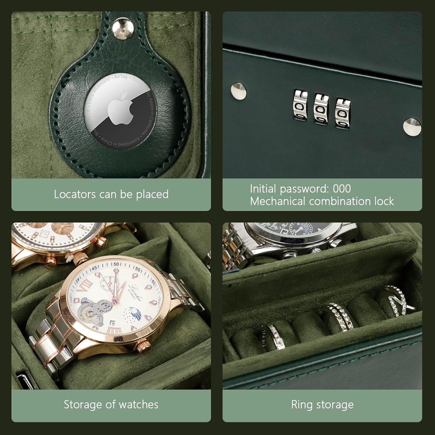 KAMIER Watch Case with Combination Lock - 4 Watch Storage and Jewelry Organizer - Watch Travel Case for Ring and Watch Storage, PU Leather Travel Watch Case, Ideal for Gift (With Gift Box), Green