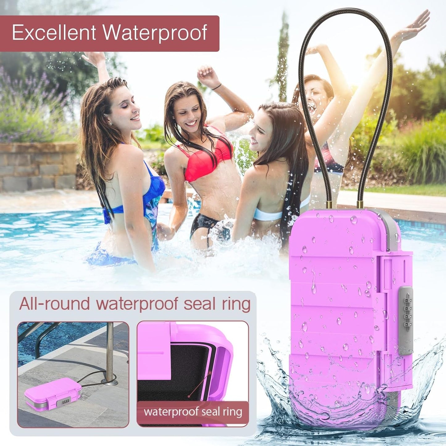 LOFICOPER Portable Safe Box, Travel Safe Lock Box, Waterproof Beach Lock Box, Personal Security Case, with Combination Code, Detachable Steel Rope, for Travel, Beach, Hotel, Home, Office, Pink