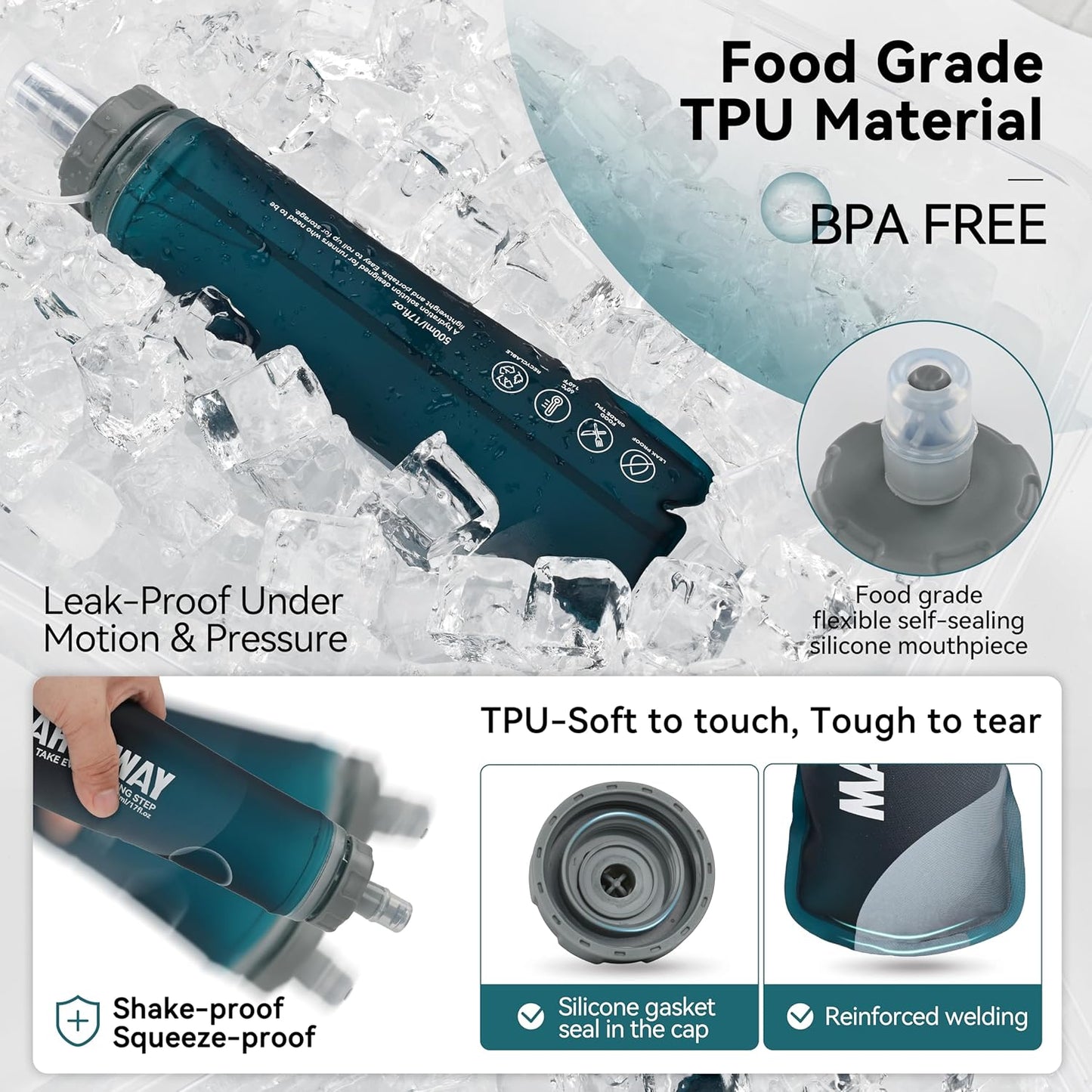 MARCHWAY Soft Hydration Flask with Wide Mouth, 300ml/500ml Collapsible TPU Water Bottle, Leakproof Portable Flexible for Running, Hiking, Cycling, Climbing, Gym, Travel (2pcs Blackish Green 500ml)