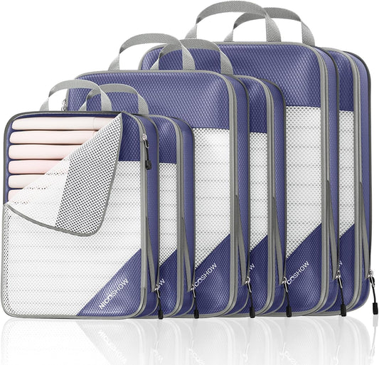 Compression Packing Cubes 6 Set, Compressible Space-Saving Packing Cubes for Travel - Compression Bags, Luggage Organizer, Travel Essentials for Women, Bluish Purple