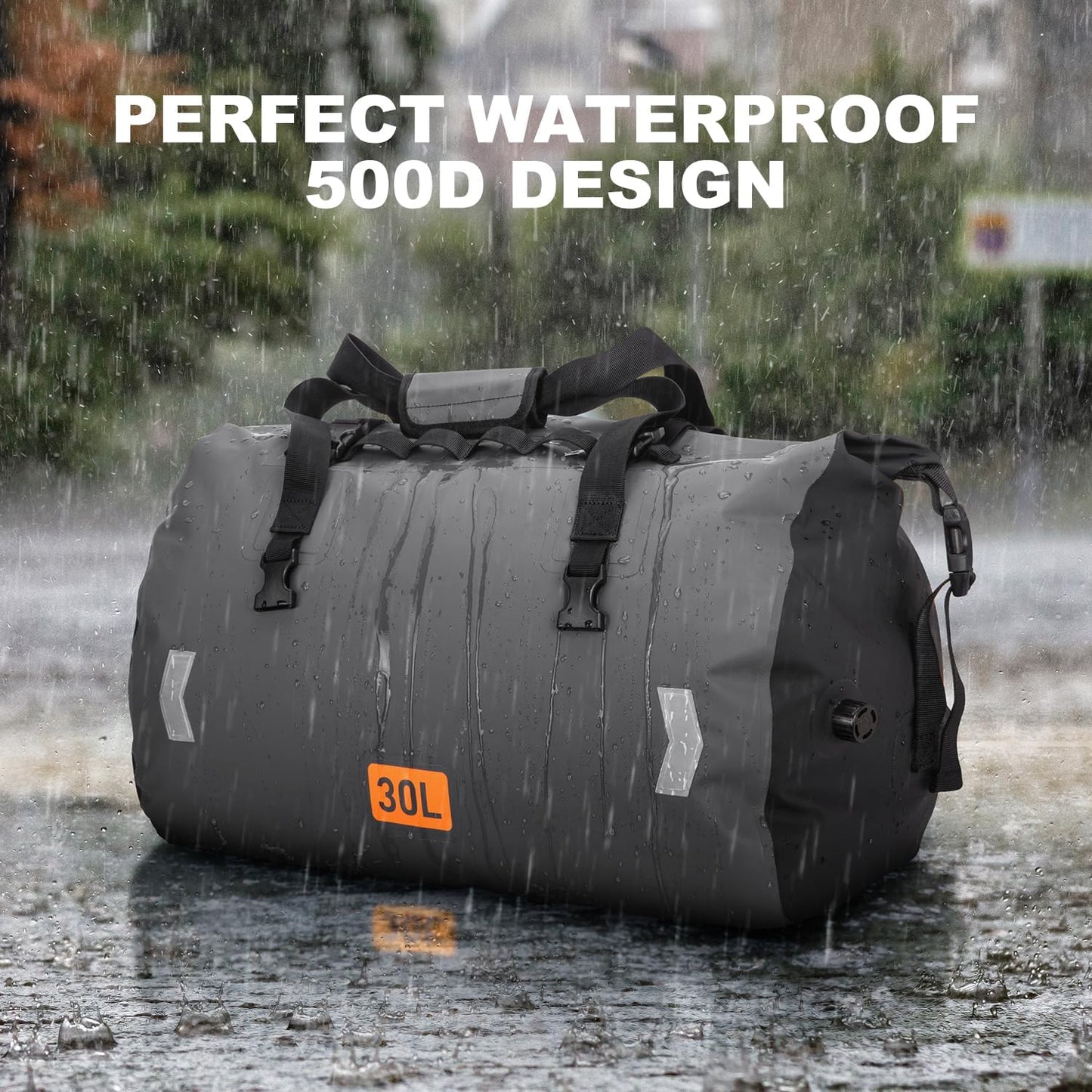 Waterproof Dry Bag, 30L Roll-top Motorcycle Tail Bag with Air Valve & Quick-fixed Straps, Travel Duffle Bags for Kayaking Paddle Boarding Rafting Boating Camping Riding Fishing - Grey