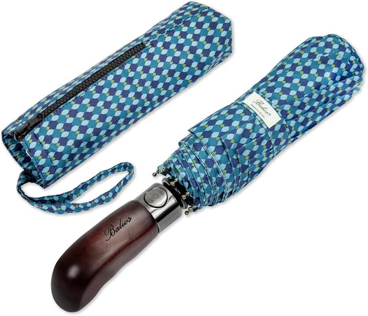 Balios Travel Folding Umbrella with Real Wood Handle Auto Open Close Vented Windproof Canopy - Designed in UK