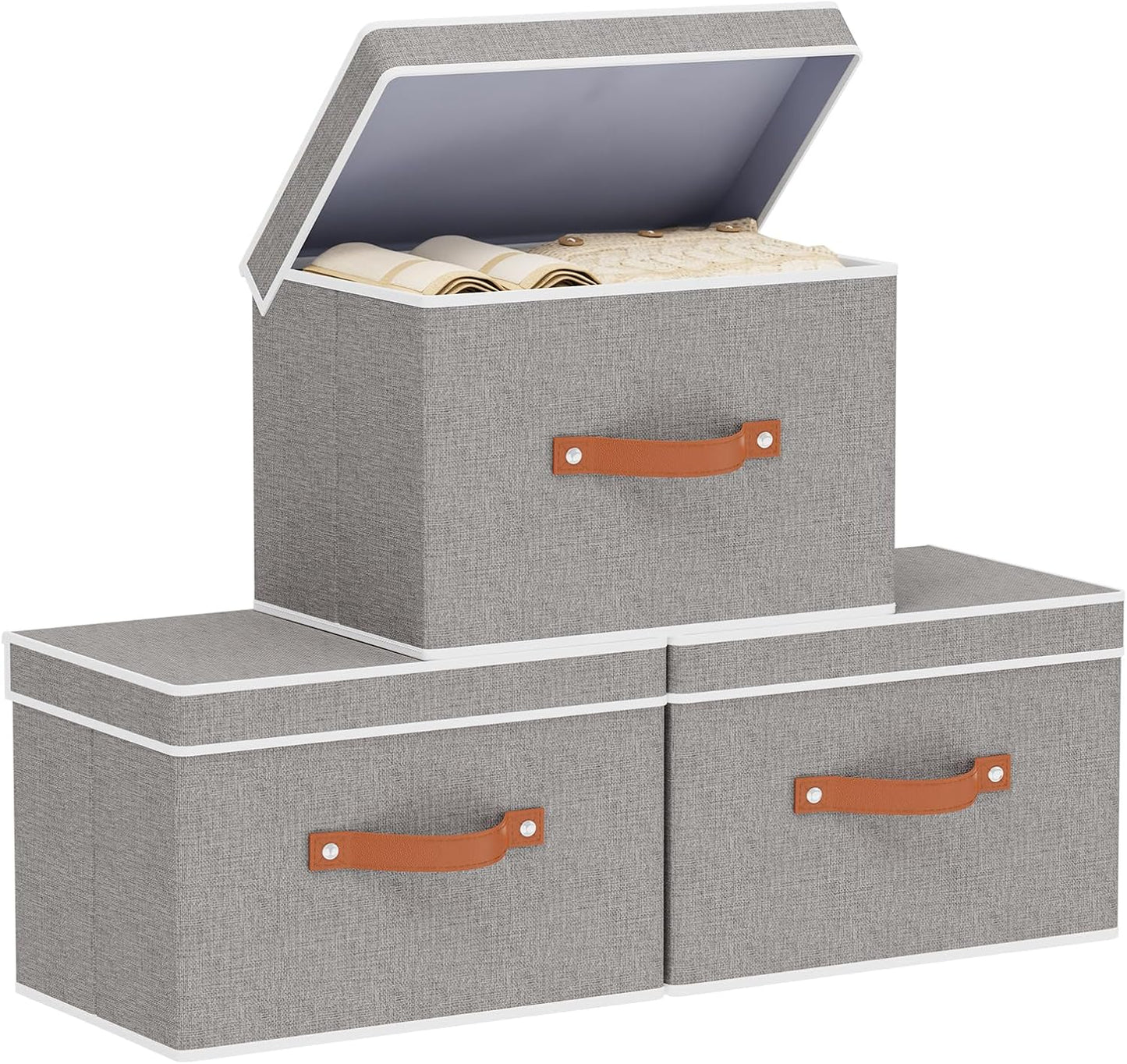 Collapsible Storage Bins with Lids, 3 Pack Linen Foldable Cloth Baskets, 15 x 9.8 x 9.8 Inch Closet Organizer Containers with Double Handles, Sweater Boxes for Bedroom, Grey