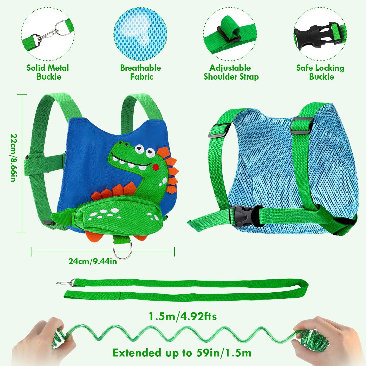 Lehoo Castle Toddler Leash for 1-5 Years, Baby Safety Harness for Boys with Anti-Lost Key Lock & Adjustable Strap, 3-in-1 Wrist Leash and Kids Backpack Harness for Walking Travel (Dinosaur)