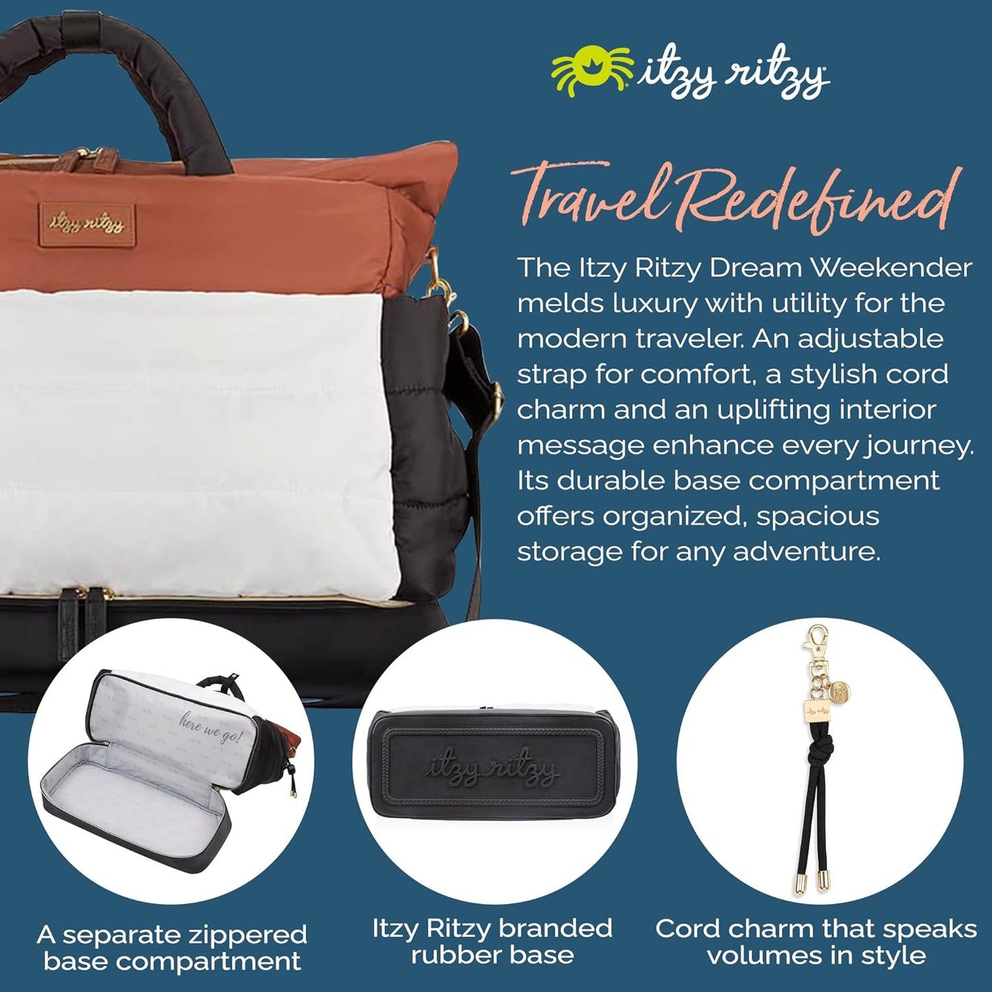 Itzy Ritzy Dream Weekender Travel Bag – Lightweight Overnight Bag with Base Compartment, 12 Pockets, Bottle Holders & Strap