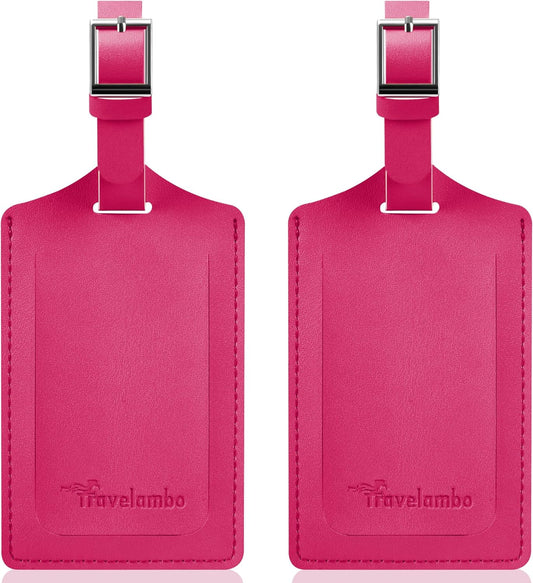 Travelambo Luggage Tags for Suitcases Faux Leather Privacy Protection 2 Pack Bag Tags Travel Accessories Essential, Rose Red