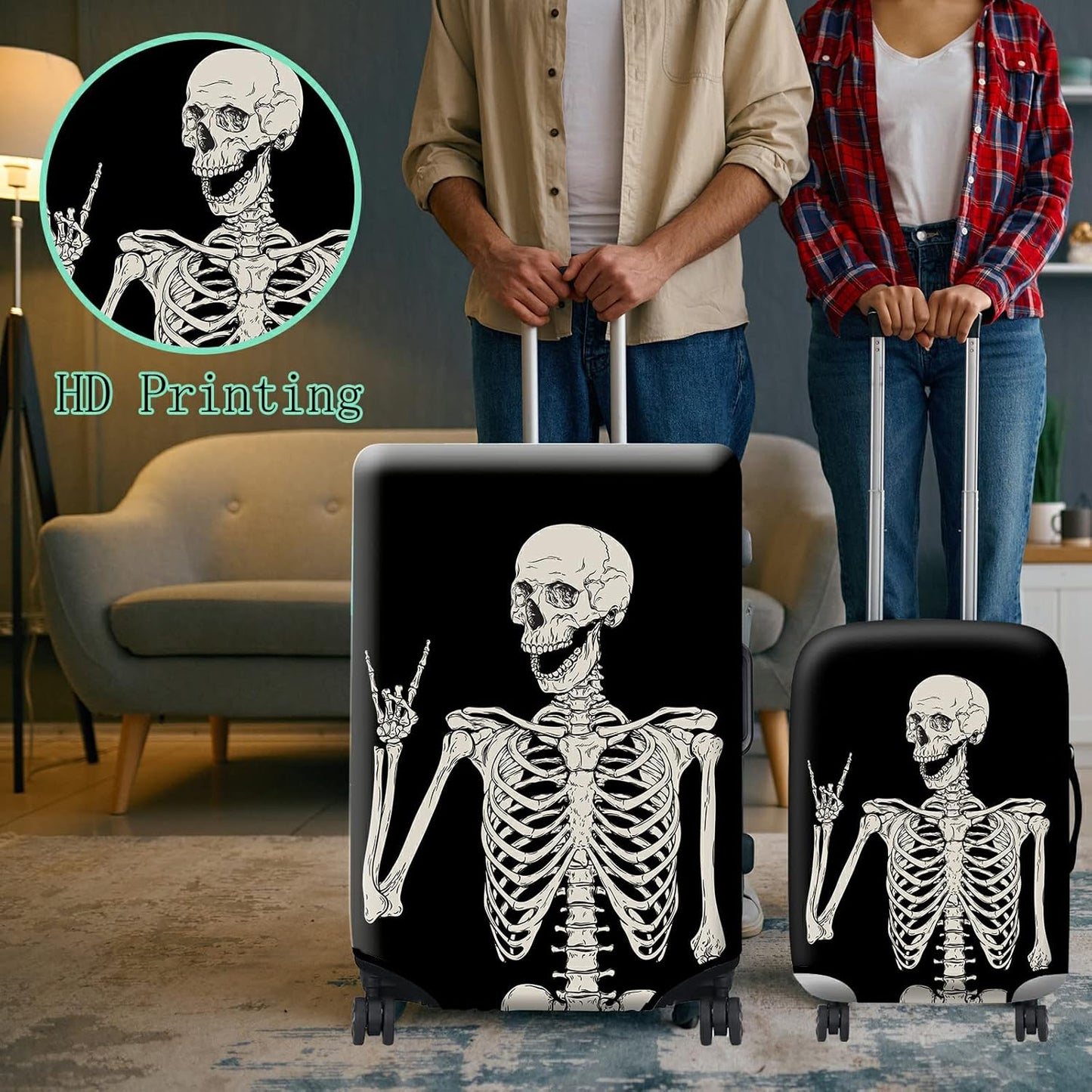 Luggage Cover Suitcase Protector Plus 1 Luggage Tag, Rock Skull Travel Suitcase Cover Suitable for 18-20 inch Luggage (S) with Concealed Zipper Washable Elastic Cloth Dustproof Anti-Scratch