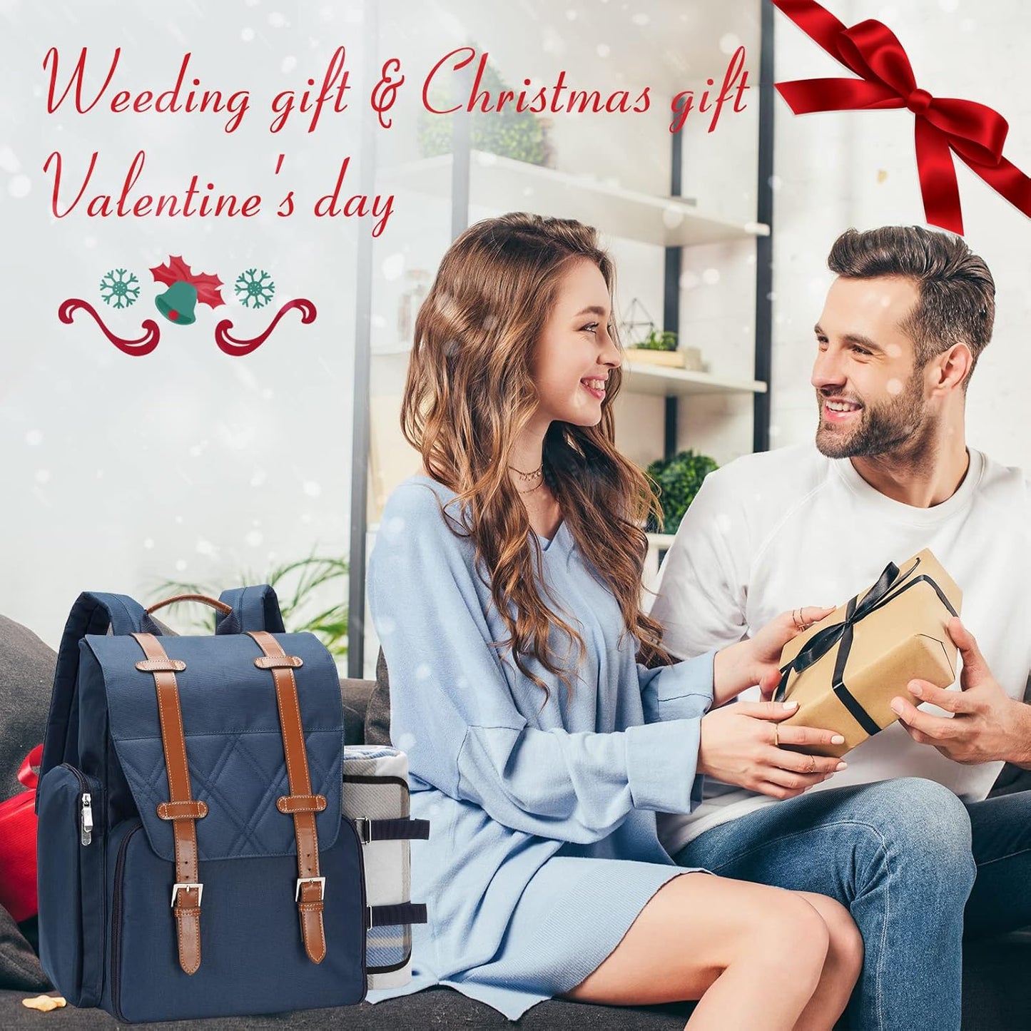 Picnic Backpack for 4 Person with Large Insulated Cooler Bag, Picnic Basket Set with Wine Pouch, Waterproof Picnic Blanket & Cutlery Set. Perfect for, Camping, Party,Wedding Gift for Couple,Blue