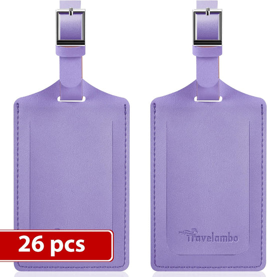Travelambo Luggage Tags for Suitcases Faux Leather Privacy Protection 26 Pack Bag Tags Travel Accessories Essential, Classic Purple