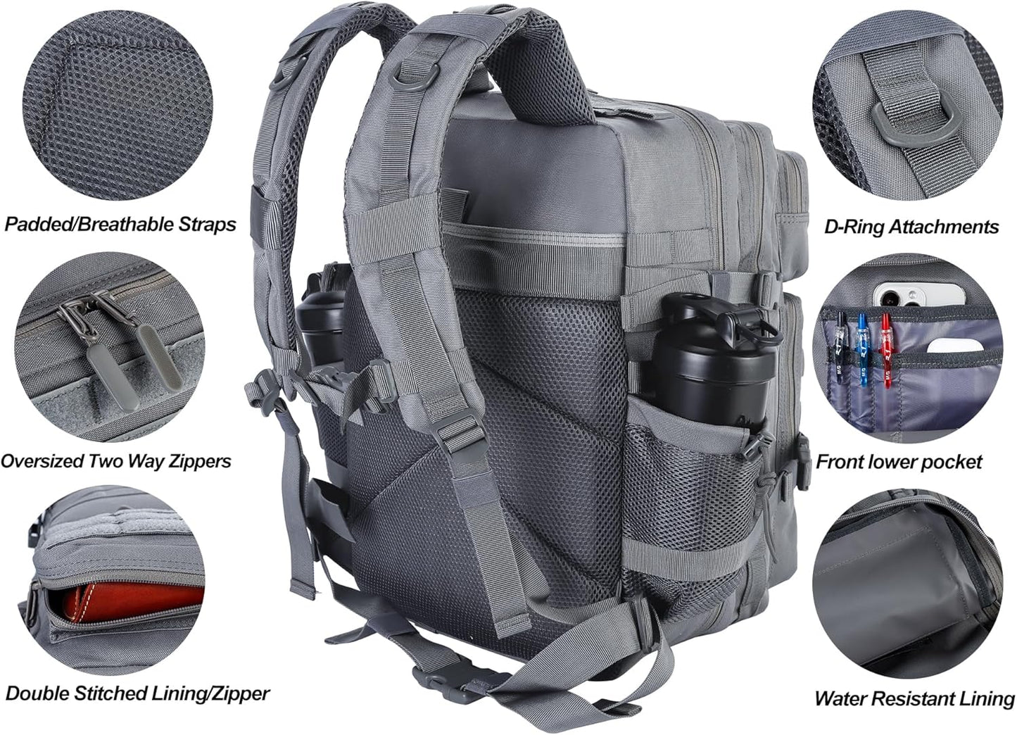 LHI Military Tactical Backpack for Men and Women 45L Army 3 Days Assault Pack Bag Large Rucksack with Molle System - Grey