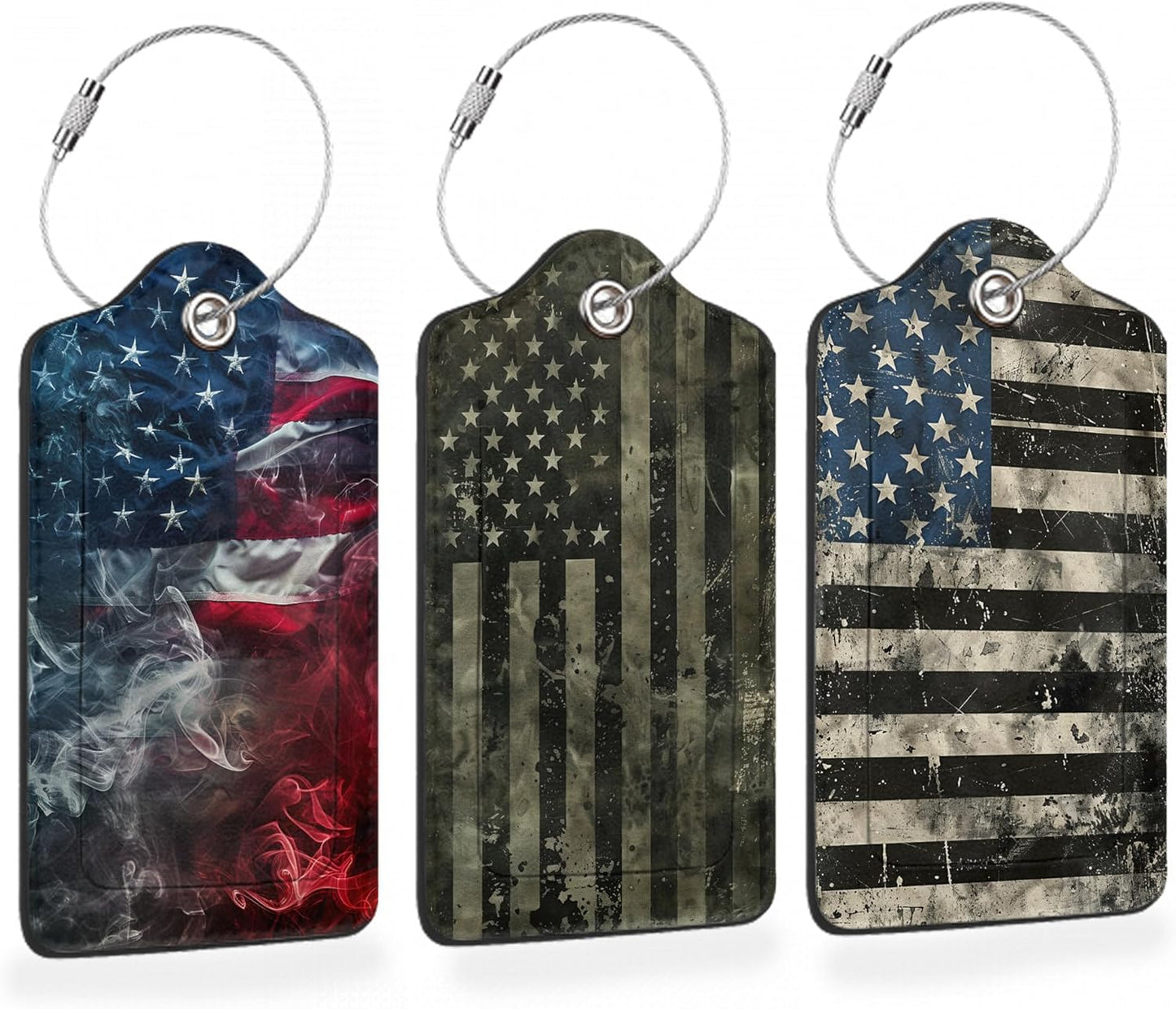 Vintage American Flag 3 Pack Luggage Tags for Suitcases, Smoky US Flag Art PU Leather Luggage Tag for Travel, Bag Tags with Privacy Name ID Card and Steel Loop for Women Men
