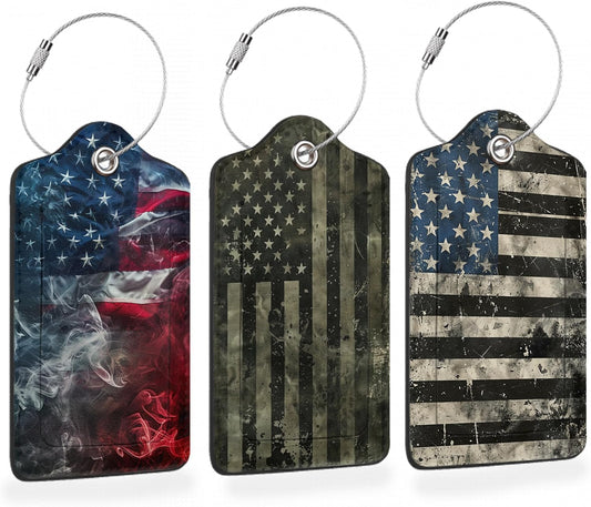 Vintage American Flag 3 Pack Luggage Tags for Suitcases, Smoky US Flag Art PU Leather Luggage Tag for Travel, Bag Tags with Privacy Name ID Card and Steel Loop for Women Men