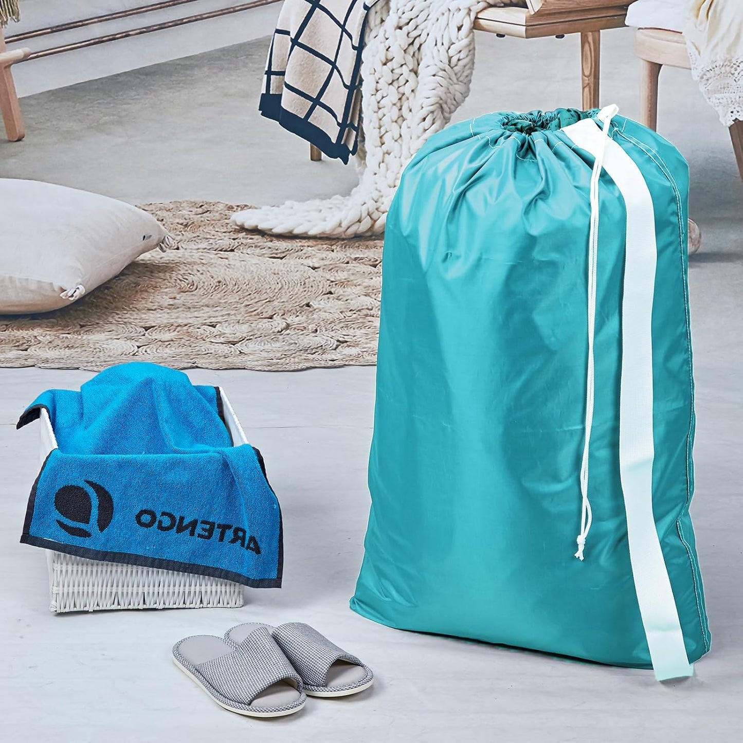 HOMEST 2 Pack XL Nylon Laundry Bag with Strap, Large Dirty Garments Organizer, Easy Fit a Hamper or Clothing Basket, Can Carry Up to 4 Loads of Clothes, Grey and Sky Blue