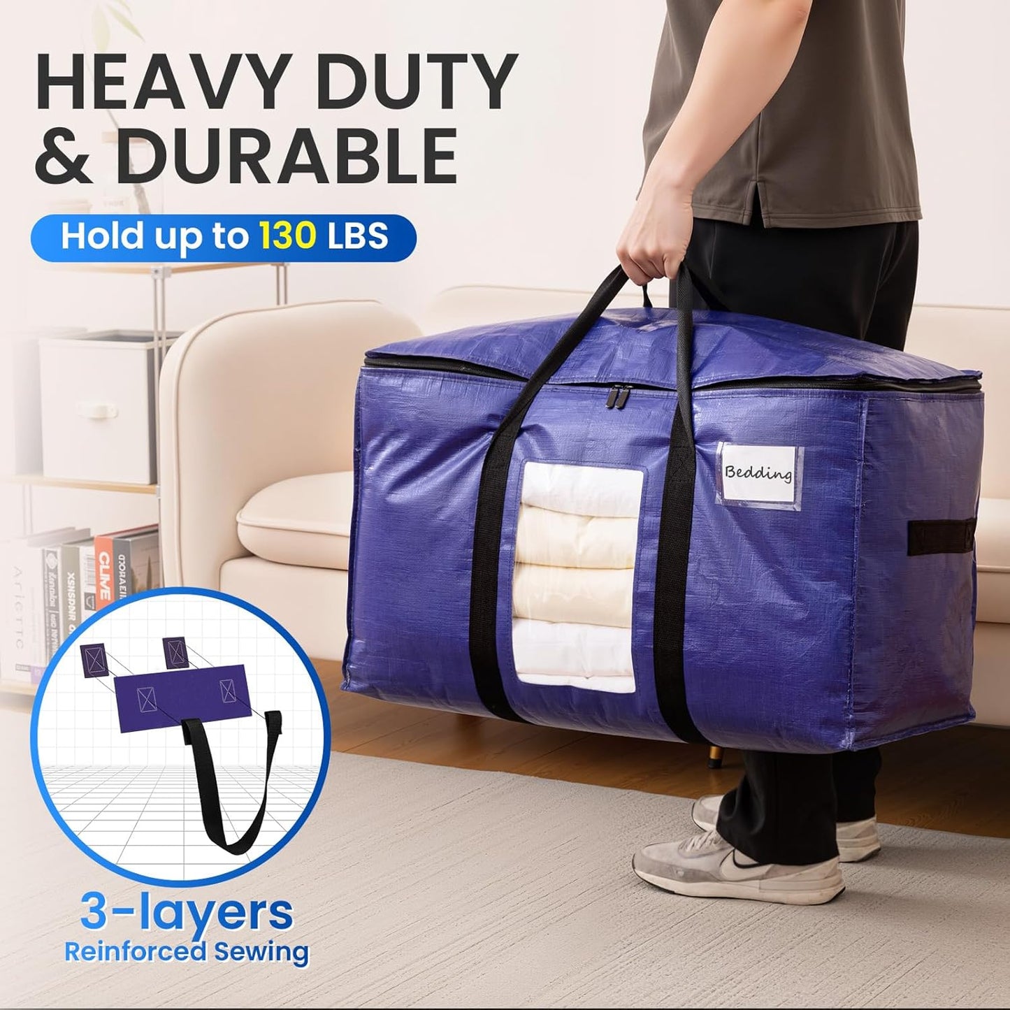 TAILI 6 Pack Dark Blue Extra Large Storage Bags, Heavy Duty Totes with Visible Window, Wrap Around Handles, Perfect for Moving
