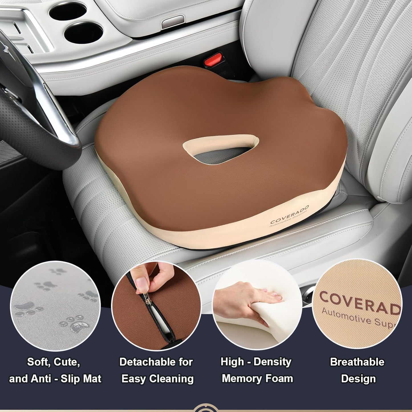 Coverado Car Seat Cushion with Memory Foam, Ergonomic Driving Seat Cushion for Sciatica, Tailbone, Back Pain Relief, Premium Non-Slip Washable Cushion for Car, Driver, Office, Wheelchair