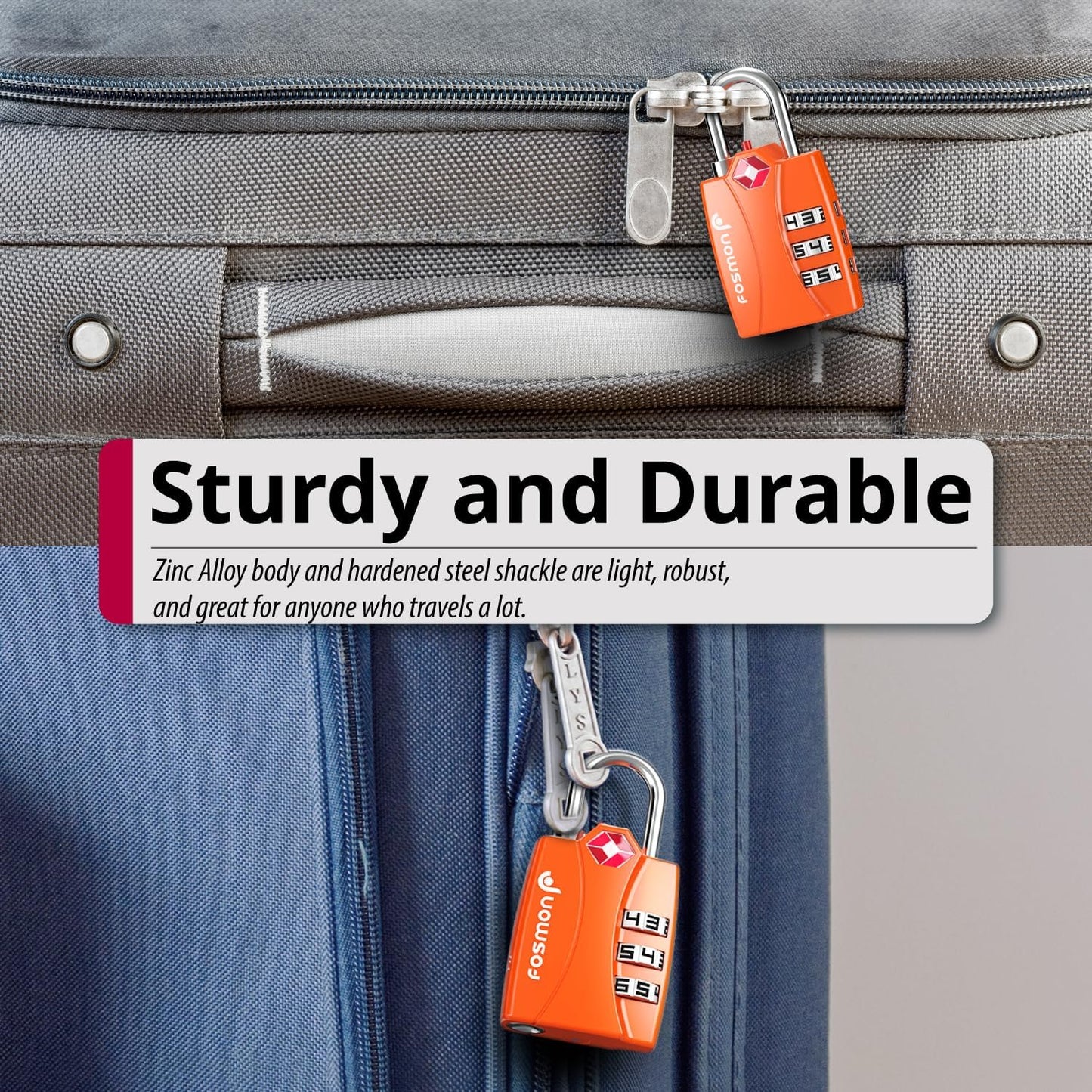 Fosmon TSA Accepted Luggage Locks (Orange - 4 Packs), Open Alert Indicator 3 Digit Combination Padlock Codes for Travel Bag, Suit Case, Lockers