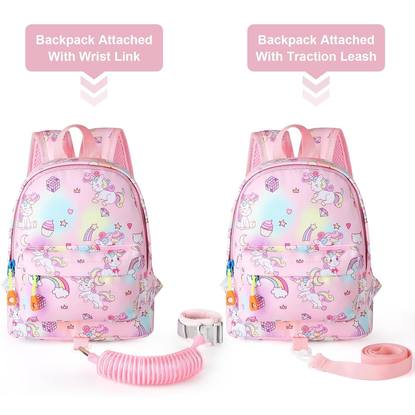 Accmor Toddler Backpack Leash with Anti Lost Wrist Link, Cute Mini Child Walking Harnesses Keep Kids Close Back Pack Rope Tether Rein for Baby Girls (Pink Colorful/Unicorn)
