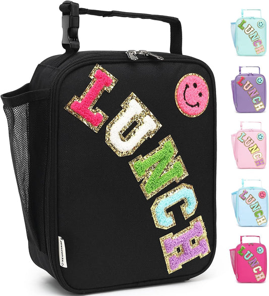 FlowFly Lunch box Insulated Soft Bag Mini Cooler Back to School Thermal Meal Tote Kit With Buckle and Mesh Side Pocket for Girls, Boys, BlackWithLetter