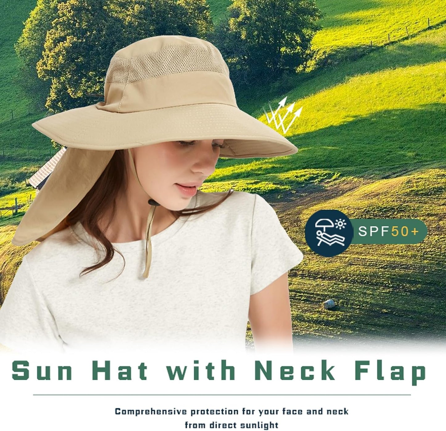 Fishing Hat Breathable Wide Brim Sun Hats with Neck Flap Bucket Hat Outdoor Safari Hat for Men Women UPF 50+ Sun Protection