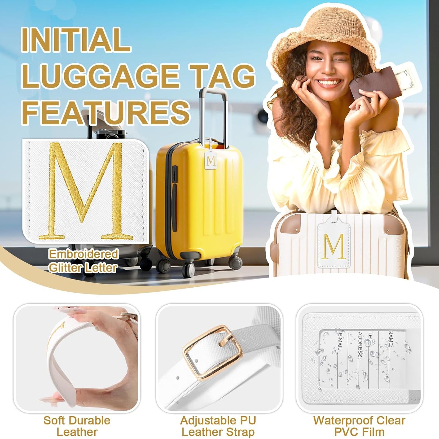 Personalized Initial Luggage Tags for Suitcase TSA Approved, White Leather Cute Luggage Tag with Privacy Cover Name Card, Embroidered Custom Luggage Tags Travel Baggage Tags Gifts for Women Kids(M)