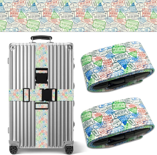 Luggage Straps for Suitcases TSA Approved, Luggage Identifiers for Suitcase, Adjustable Suitcase Strap for Baggage Security with Cute Patten, Travel Necessary Accessories (Travel Stamps)