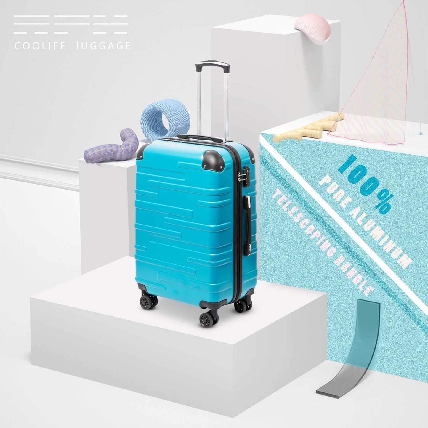Coolife Luggage Expandable(only 28") Suitcase 3 Piece Set with TSA Lock Spinner 20in24in28in (lake blue)