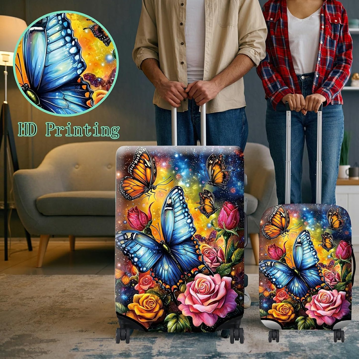 Luggage Cover + Tag, Colorful Rose Butterfly Travel Suitcase Cover for 24 inch Luggage (M) with Concealed Zipper, Washable Elastic Cloth, Dustproof, Anti-Scratch