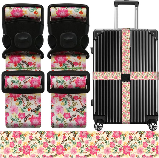 Luggage Straps for Suitcases, Travel Adjustable Belt with Quick Release Buckle, Heavy Duty Nylon Bag Packing Strap, Unique Bright Identifiers Business Travel Accessories (2 Pack) - Pink Flowers