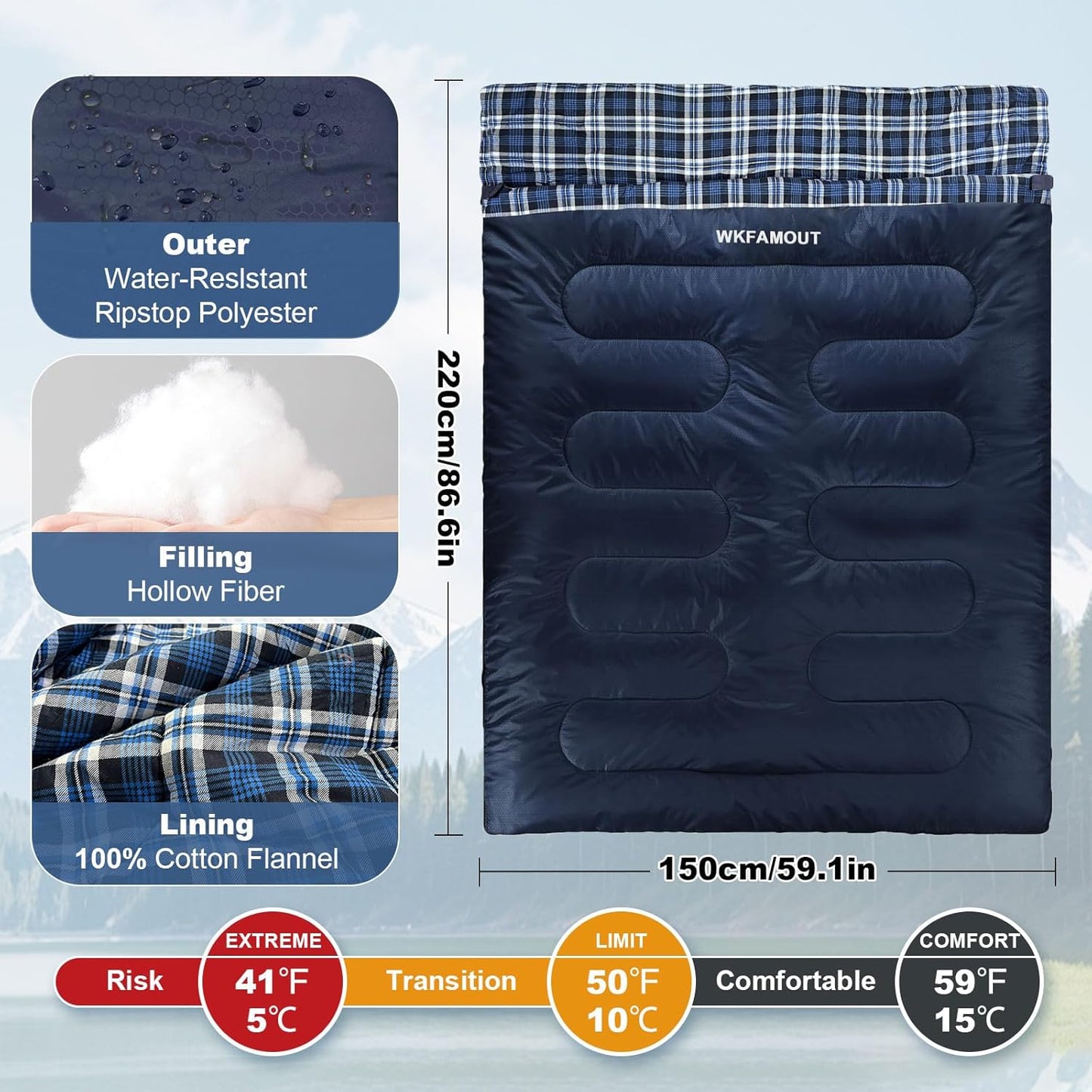 Double Sleeping Bag for Adults Machine Washable 2 Person Camping Sleeping Bag Queen Size Waterproof with Compression Sack for Cold Weather 3-4 Seasons